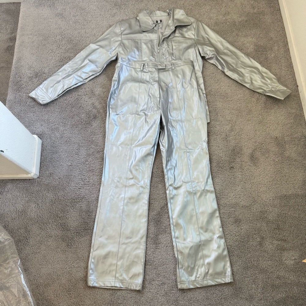 Vintage r4r Rave 4 Real 90s Y2K faux leather silver jacket pant set